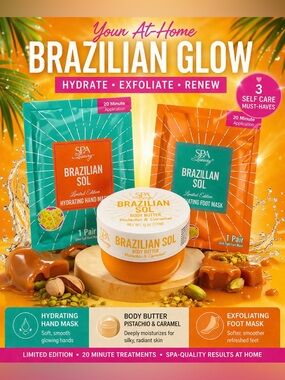 Brazilian Sol Spa Bundle: Hydrate, Exfoliate, & Glow - Pistachio & Caramel Scent